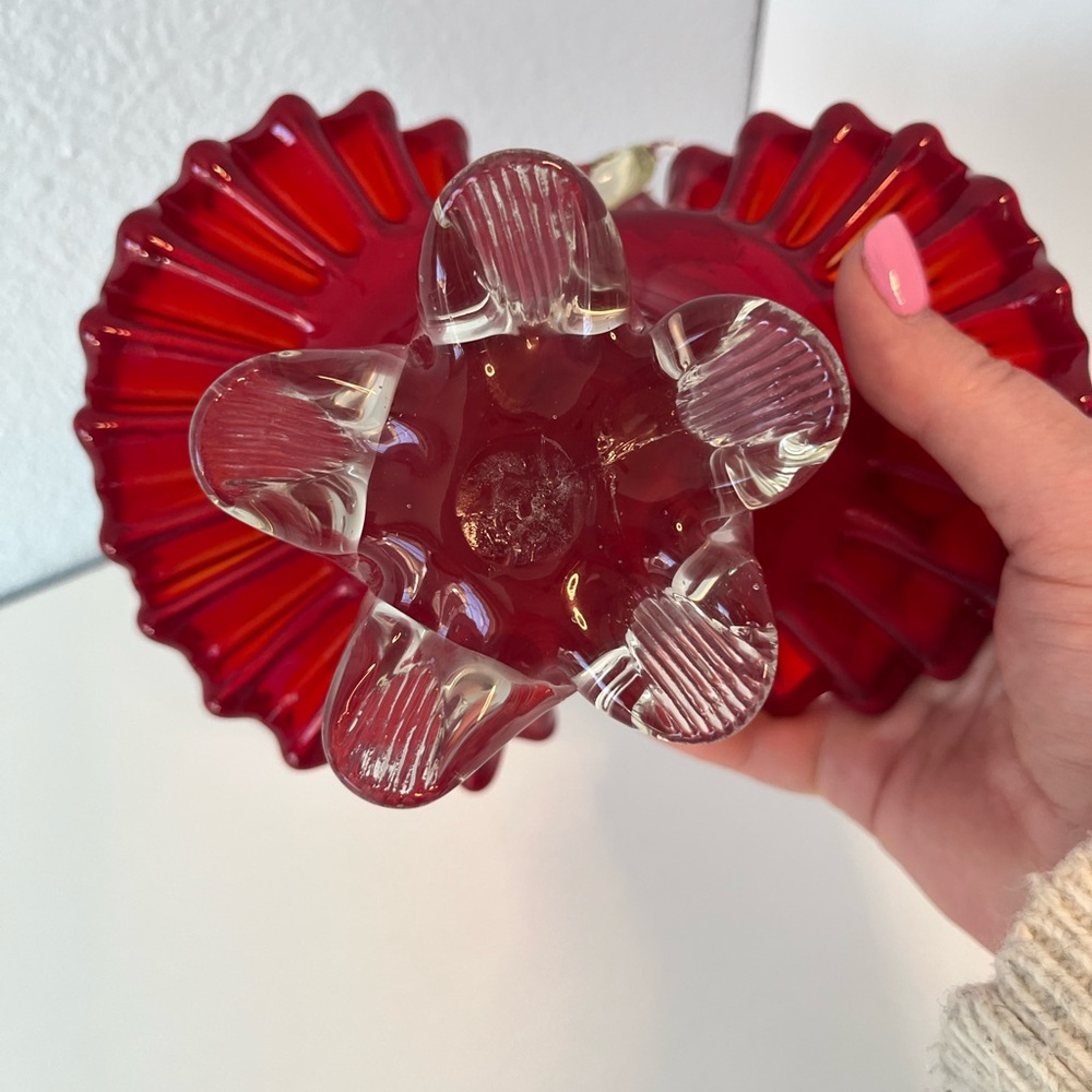 Fenton Scarlet Glass Art Basket Ruby Red Ruffled Crimped Edge & Clear Handle - Picture 6 of 6